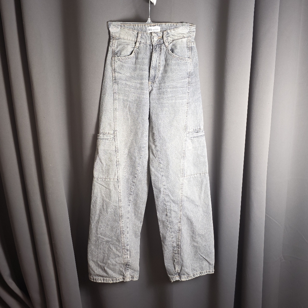 ZARA Utility Cargo Wide Leg Jeans Women’s 0 Light Gray Stonewash Denim EUR 32